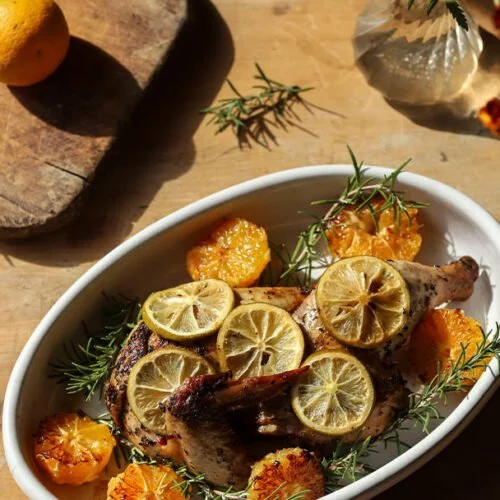 Chili Pepper, Oregano, Rosemary, and Citrus Blossom Honey Chicken with Green Meyer Lemon and Soft Valencia Oranges