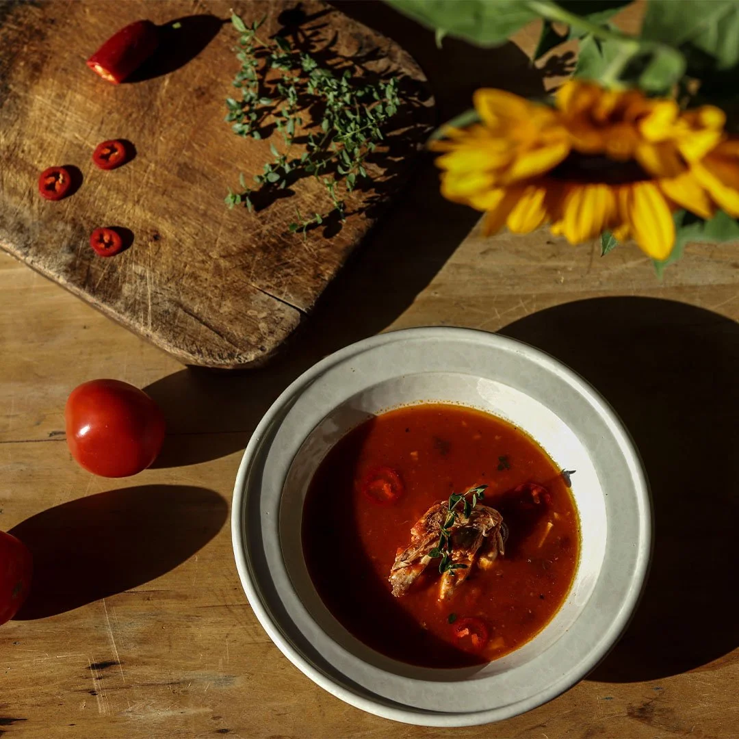 Tomato, Bean, and Chili Pepper Soup with Chicken and Thyme