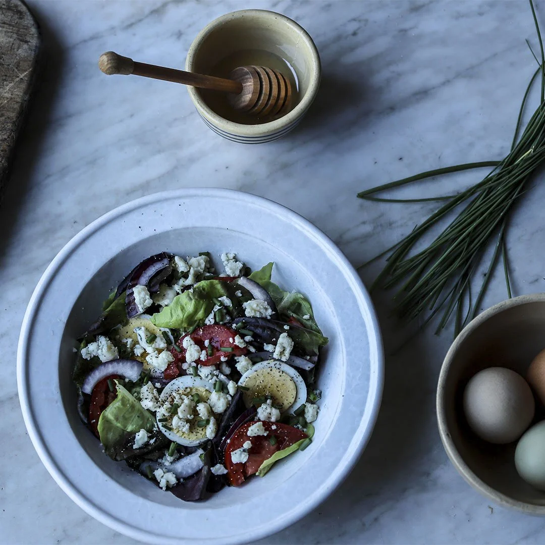 Egg, Tomato, Red Onion, Lettuce, and Blue Cheese with Chives and Sage Honey