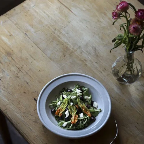 Wild Arugula, Roasted Thomcord Grapes, Squash Blossom, and Goat Cheese Salad