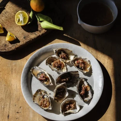 Oysters with Shallot, Ginger, Ground Cloves and Cider Vinegar