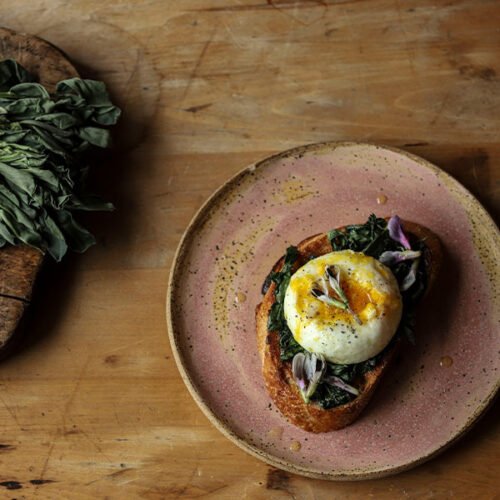 Heirloom Egg and Fava Tendril on Sourdough Toast with Olive Oil