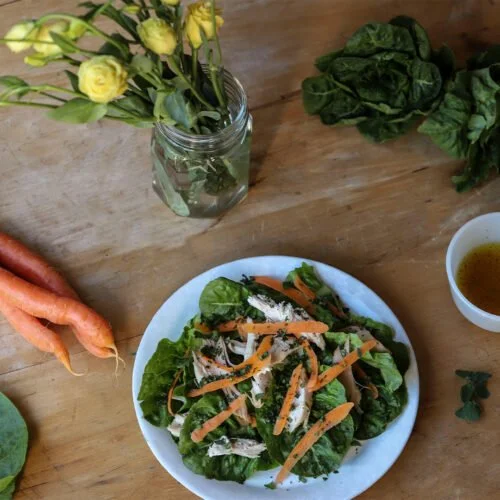 Little Gem Lettuce, Chicken, Shaved Carrots, Sorrel, and Oregano Salad with a Eucalyptus Honey Dressing
