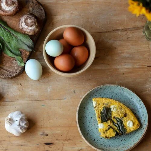 Red Dandelion, Cremini Mushroom, and Goat Cheese Frittata