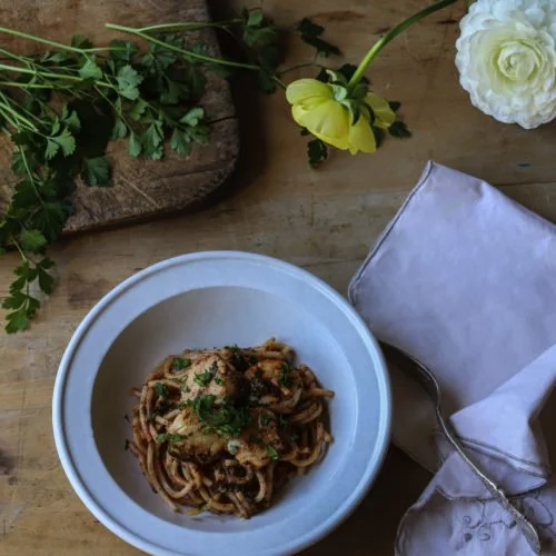 Scallops with Large Leaf Sorrel, Parsley and Spaghetti