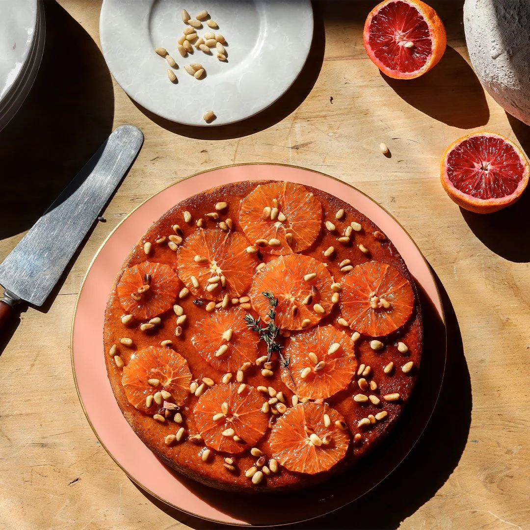 Orange and Olive Oil Cake with a Blood Orange Glaze and Toasted Pine Nuts