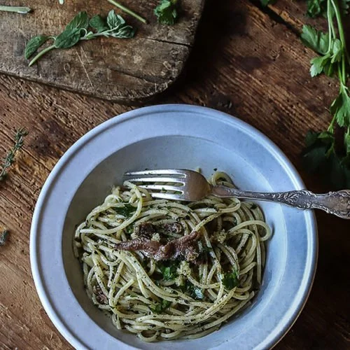 Herb Pasta with Garlic and Anchovies