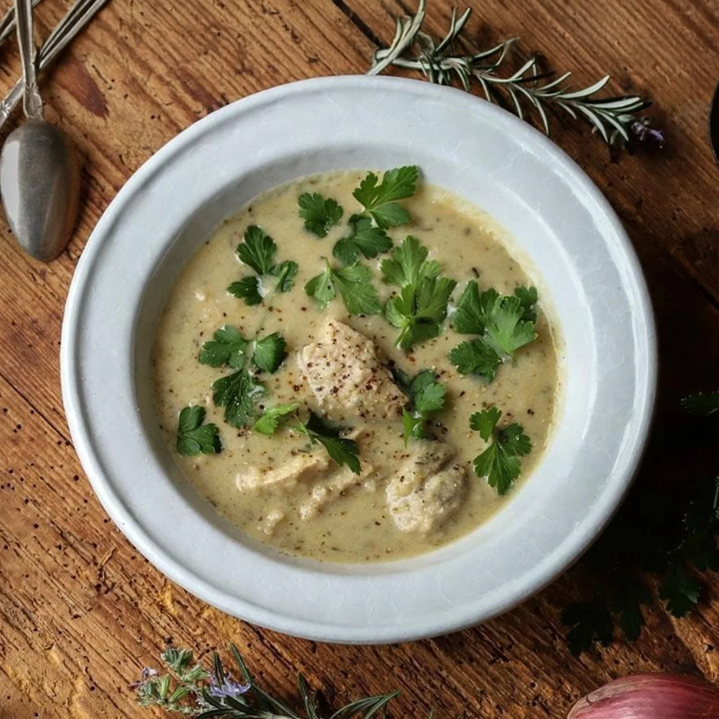 Sunchoke, Lemon, and Rosemary Soup with Chicken and Parsley