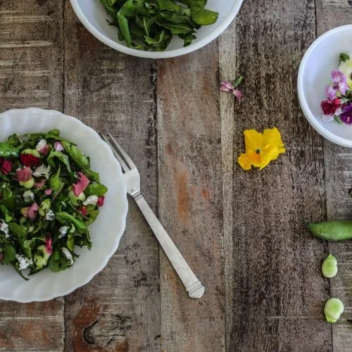 Arugula, Fava Bean, Edible Flower, Thyme, and Goat Cheese Salad