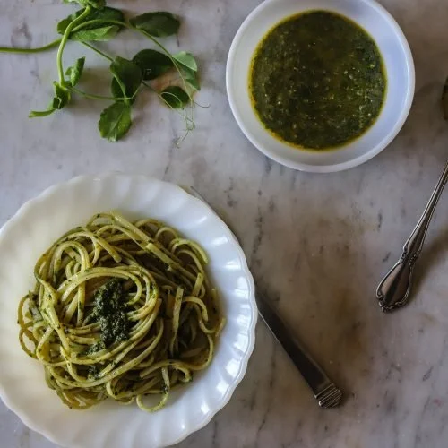 Linguine with Snow Pea Leaves and Green Garlic Pesto