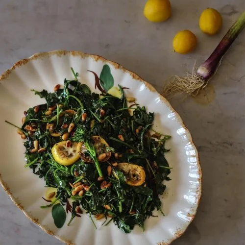Spigarello with Green Garlic, Eustice Limequat and Pine Nuts