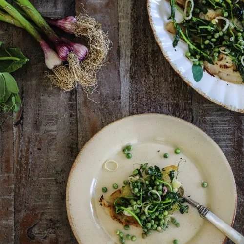Petrale Sole with Green Garlic, Pea Tendrils and Fresh Peas