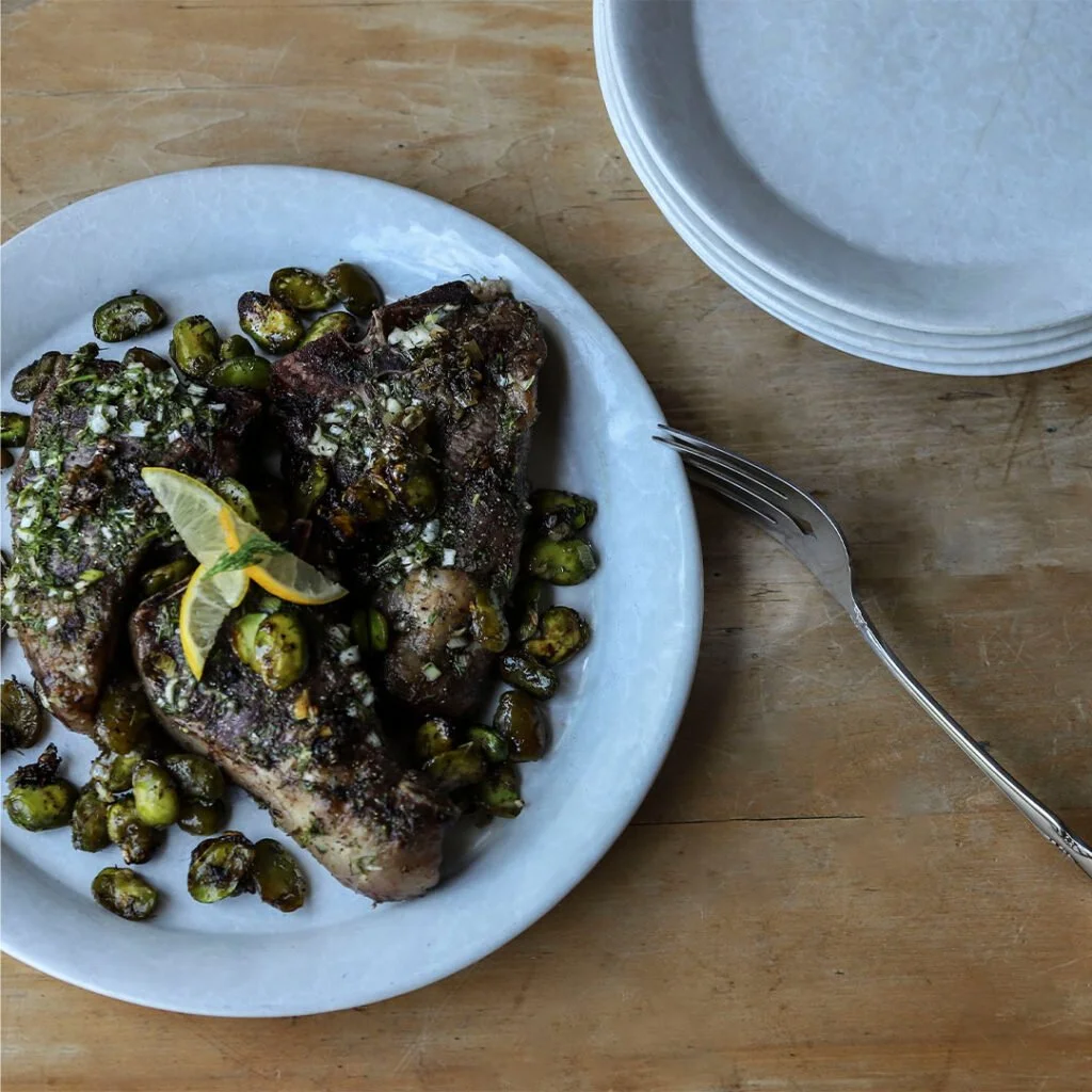 Lamb Loin Chops, Dill, and Green Garlic with Fava Beans
