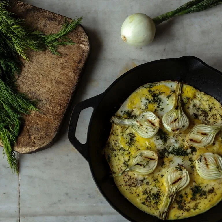 Duck Egg Frittata with Spring Onions, Green Garlic, Dill, and Goat’s Milk Cheese