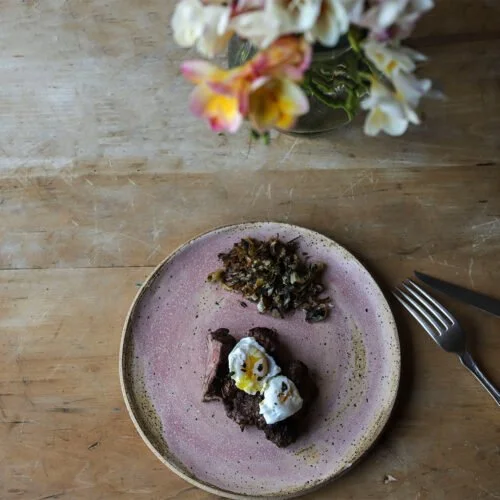 Hanger Steak with Meyer Lemon and Thyme Green Garlic and Poached Quail Eggs