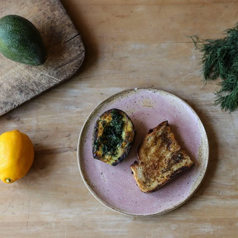 Charred Avocado with Dill and Toast with Meyer Lemon, Olive Oil, and Sea Salt