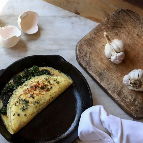 Goose Egg, Garlic, Broccolini, and Oregano Omelet