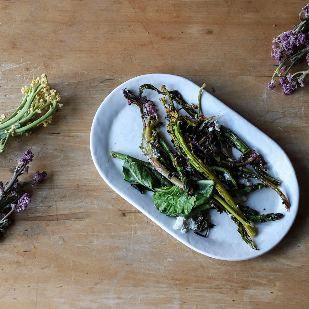 Charred Early Sprouting Broccoli with Oregano, Thyme, Meyer Lemon, and Goat Cheese
