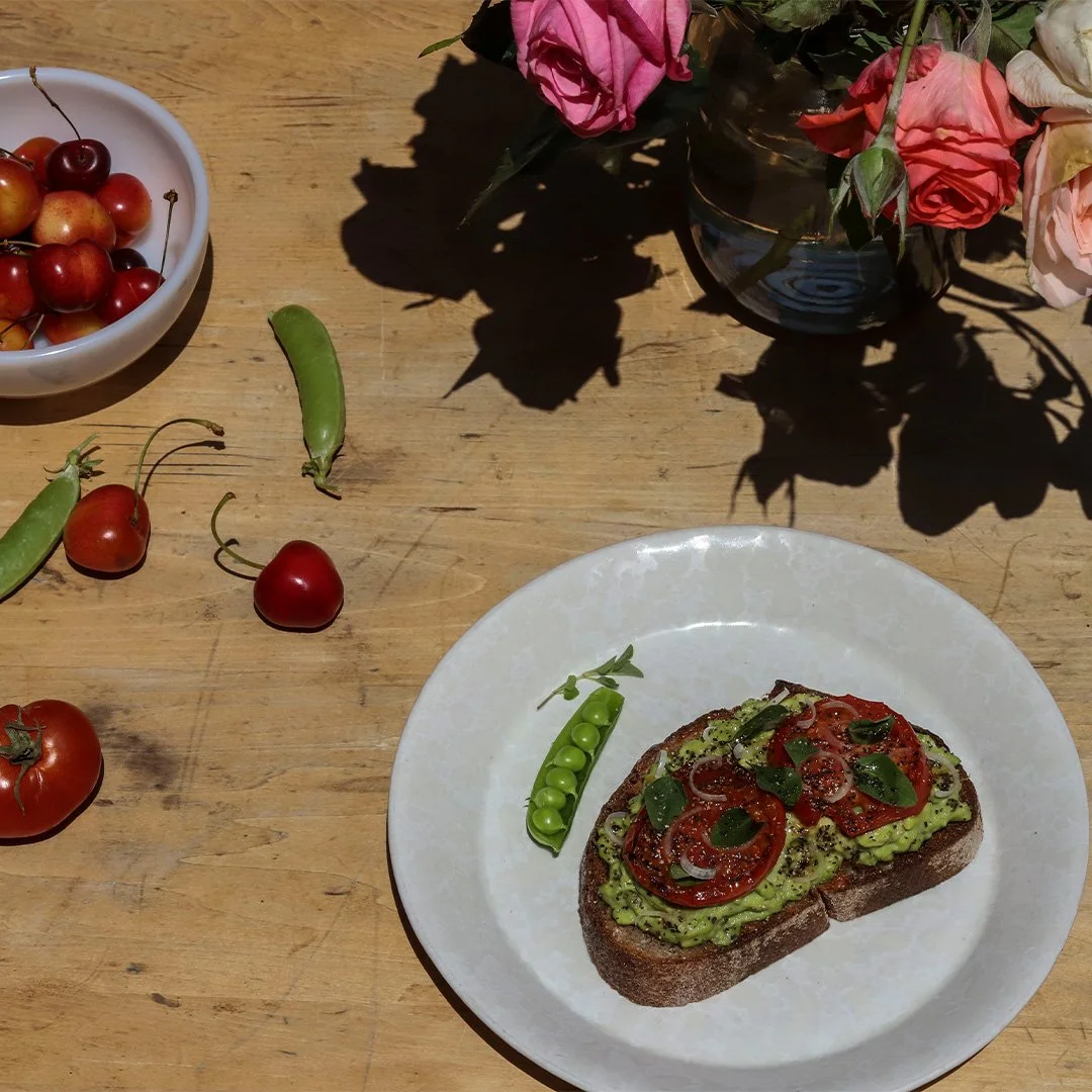 Avocado, Early Girl Tomato, Spring Onion, and Italian Oregano on Toast