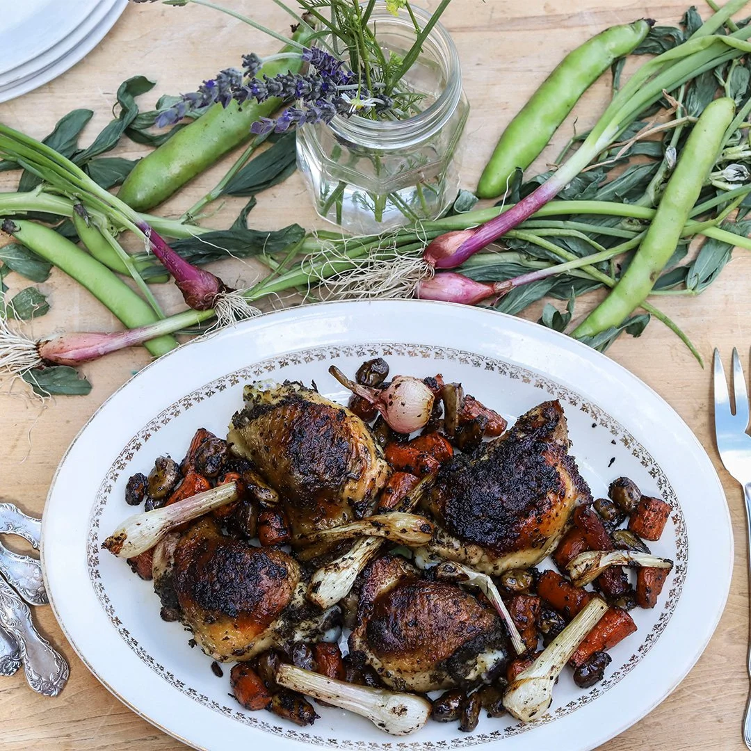 Herb Marinated Chicken with Fava Bean Greens Pesto and Vegetables