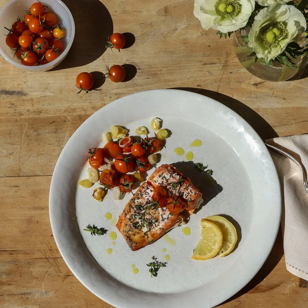 Salmon with Rosemary, Roasted Tomatoes, Scallions, and Thyme