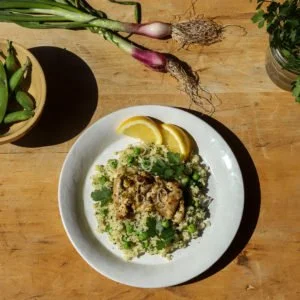 Chicken with Spring Onion, Peas, Herbs, and Couscous