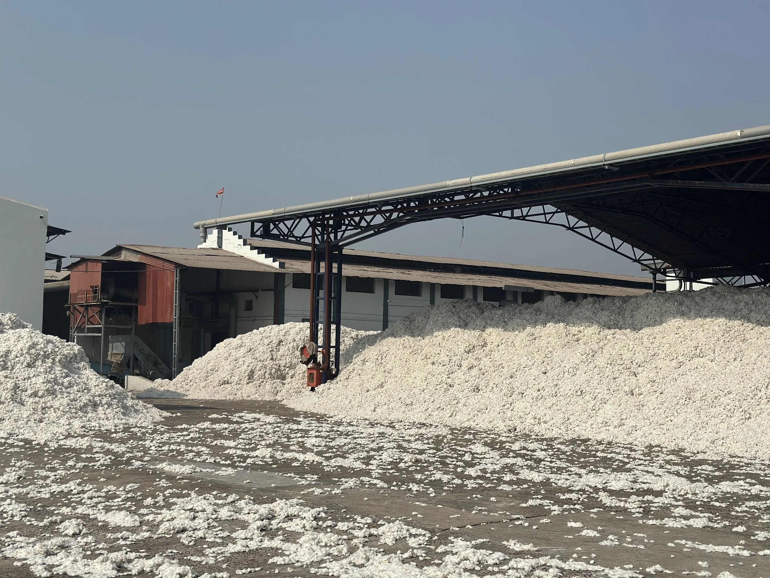 Large piles of white salt outside an industrial building, with a clear sky overhead.