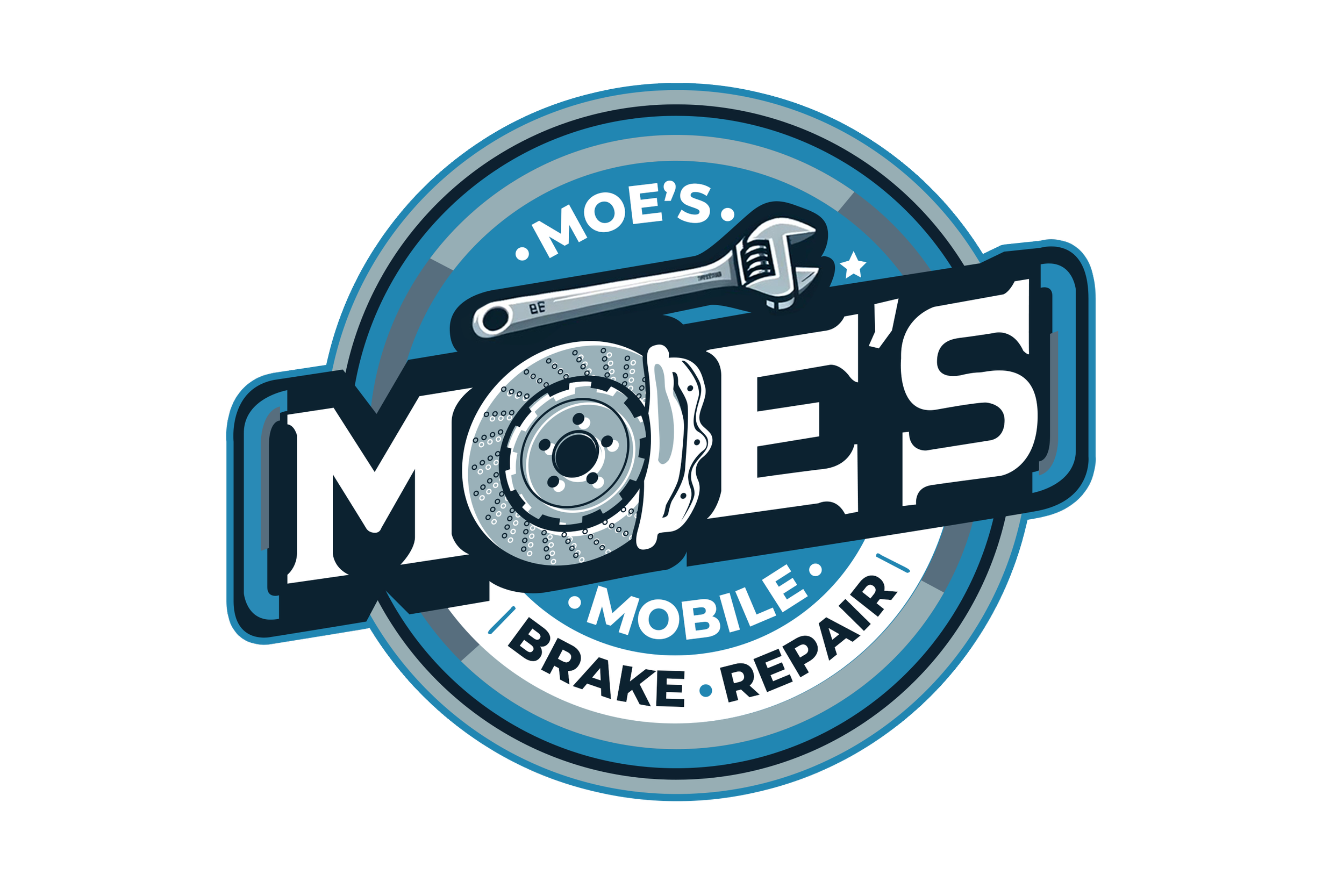 Moe's Mobile Brake Repair logo featuring a wrench, brake disc, and a strip of brake pad on a circular badge.