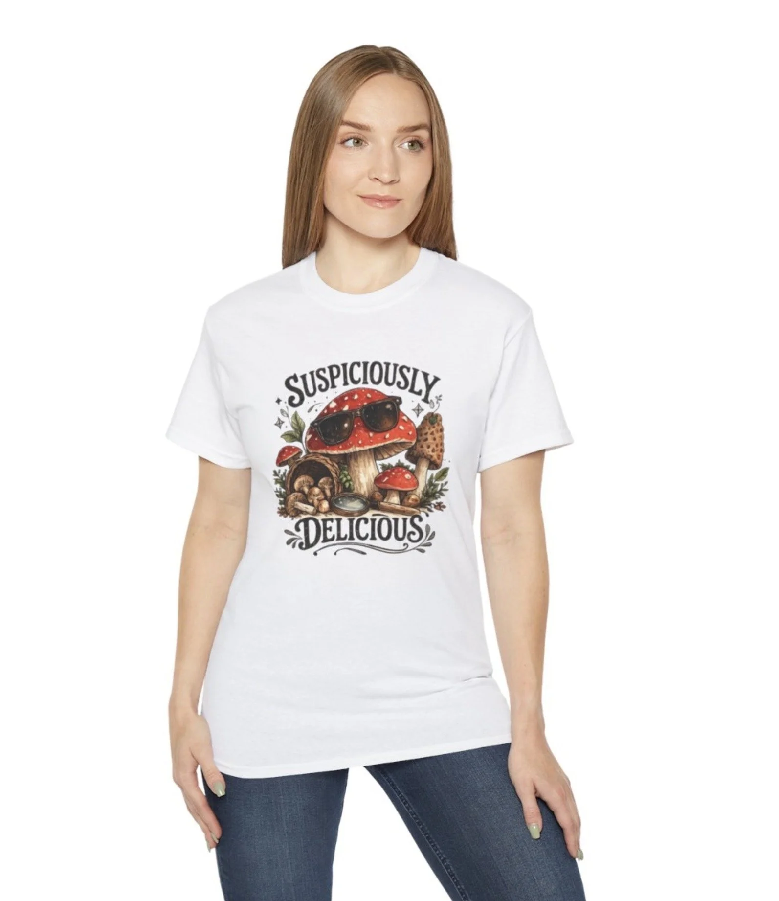 Tee shirt with Suspiciously Delicious written on it designed by SH Creations. Artwork is a woodland scene with mushrooms. Referring to the mushroom murders by Erin Patterson. T-shirt. Multiple colours. tee shirts for women with graphics