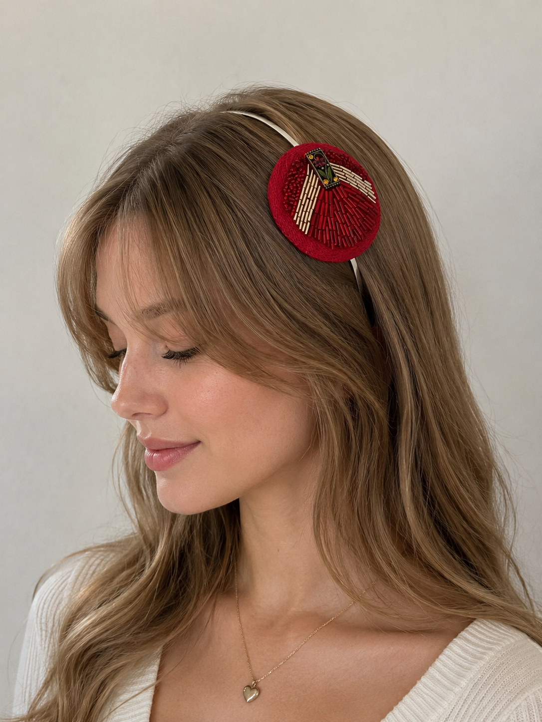 Red and gold hand-sewn beaded fascintor headband
