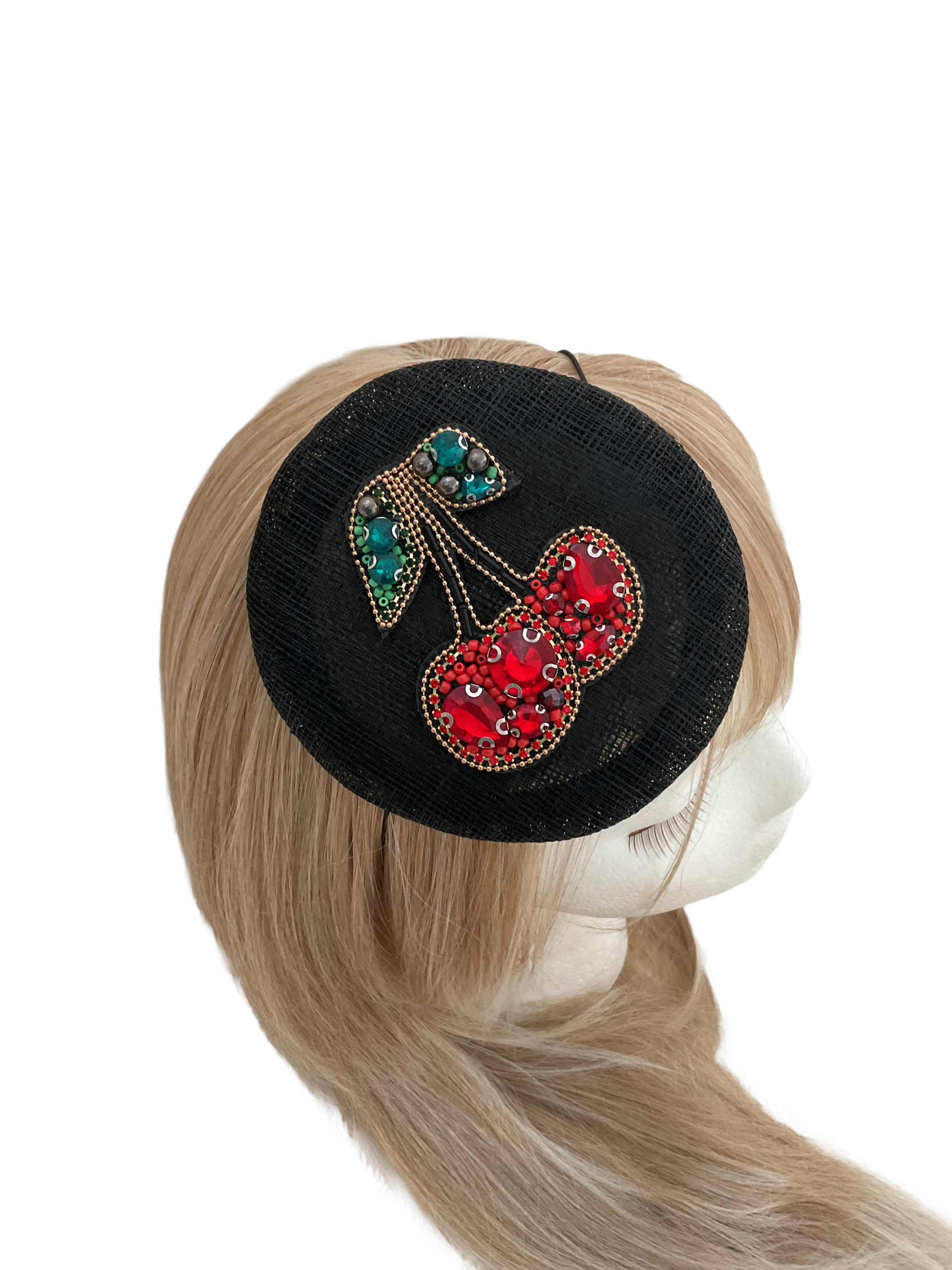 Black sinamay mini beret fascinator. Decorated with cherry beaded applique. Handmade. one of a kind. hair accessories for everyday wear