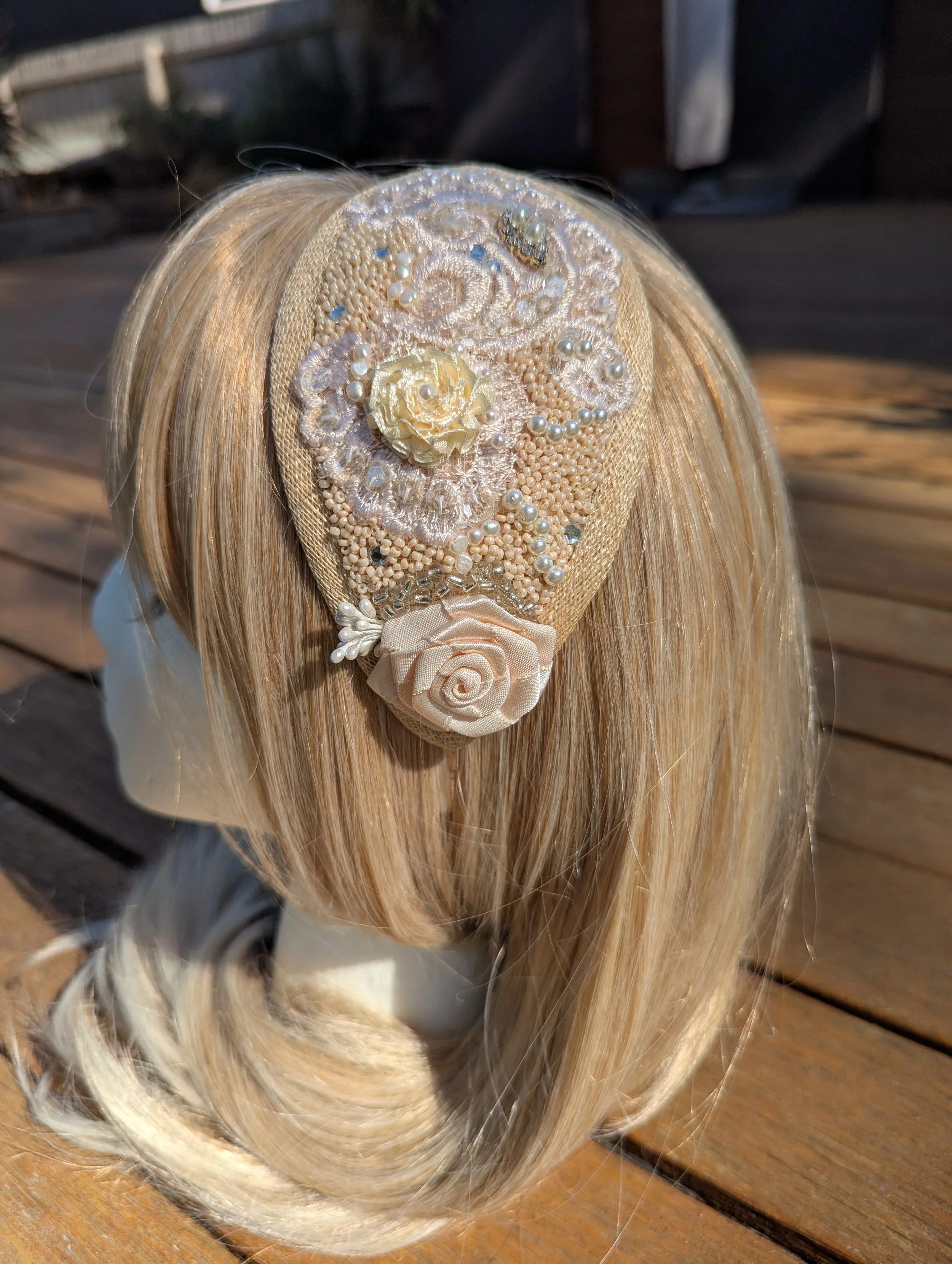 Elegant cream beaded and faux pearl fascinator - headband - handmade