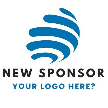 Placeholder logo with abstract blue swirl design and text that reads 'New Sponsor, Your Logo Here?' in black and blue.