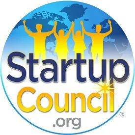 Logo of Startup Council with stylized figures holding hands in front of a globe