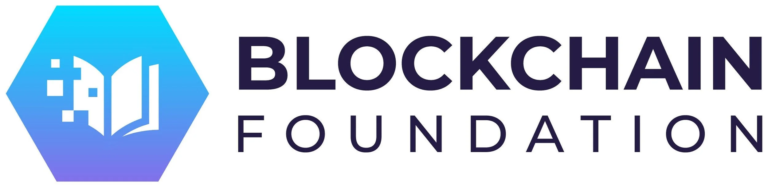 Blockchain Foundation logo featuring a hexagon with a stylized blockchain and book icon, with the words 'Blockchain Foundation' in bold navy blue text.