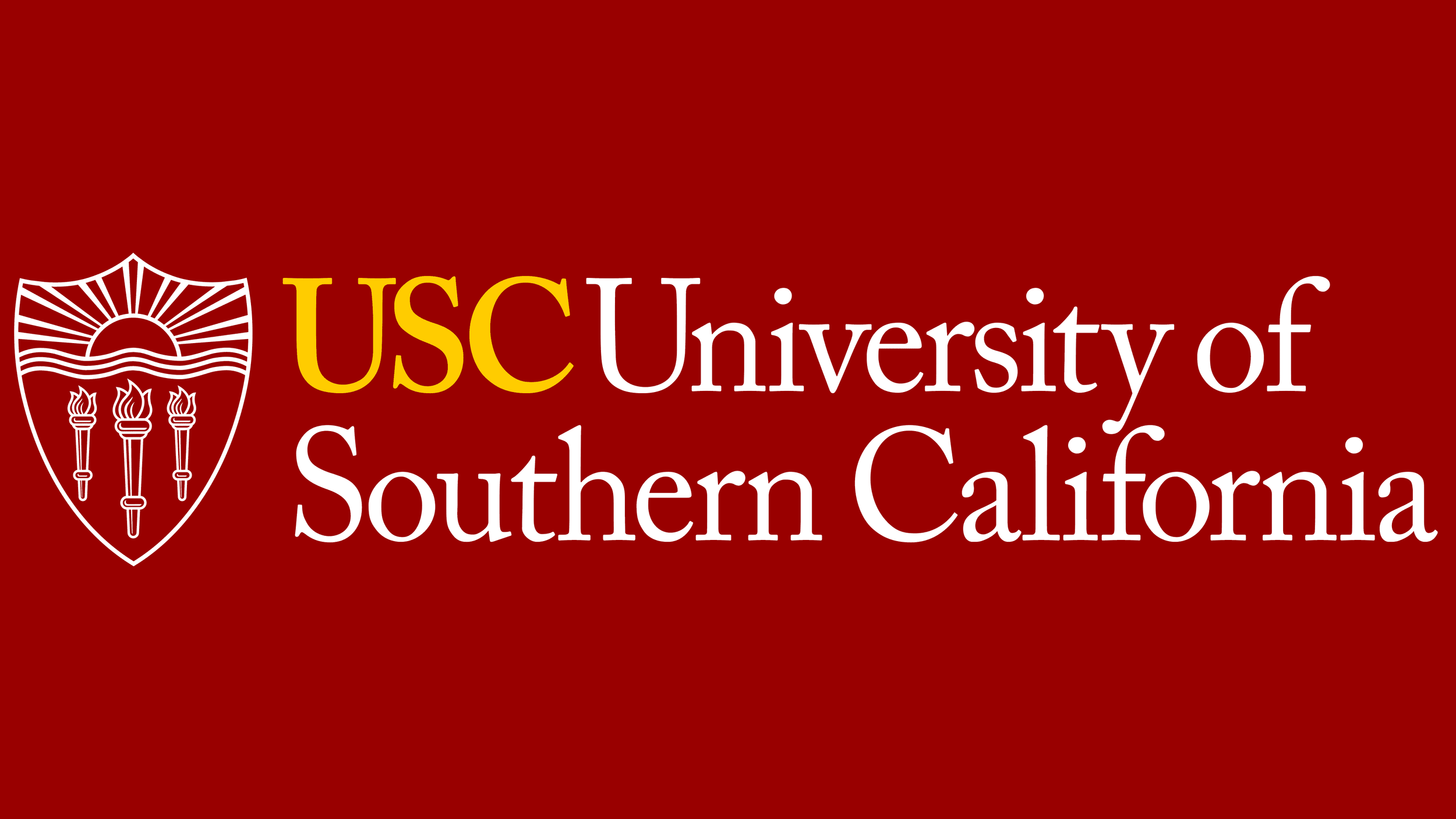 USC University of Southern California logo with red background, USC initials in gold, and full name in white text.