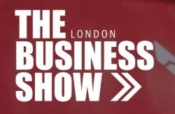 Logo for The London Business Show with white text on a red background.