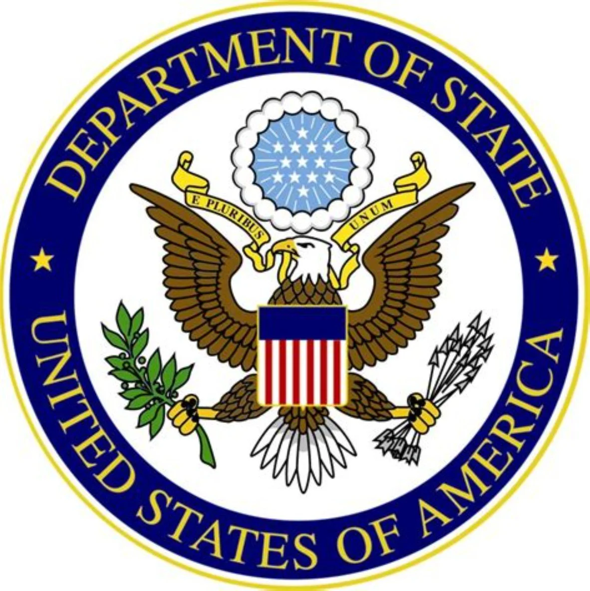 Seal of the United States Department of State featuring an eagle with a shield, olive branch, and arrows, and a circle of stars.