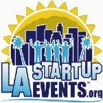 Logo of LA Startup Events featuring cartoon people with a city skyline in the background and a yellow sun above.