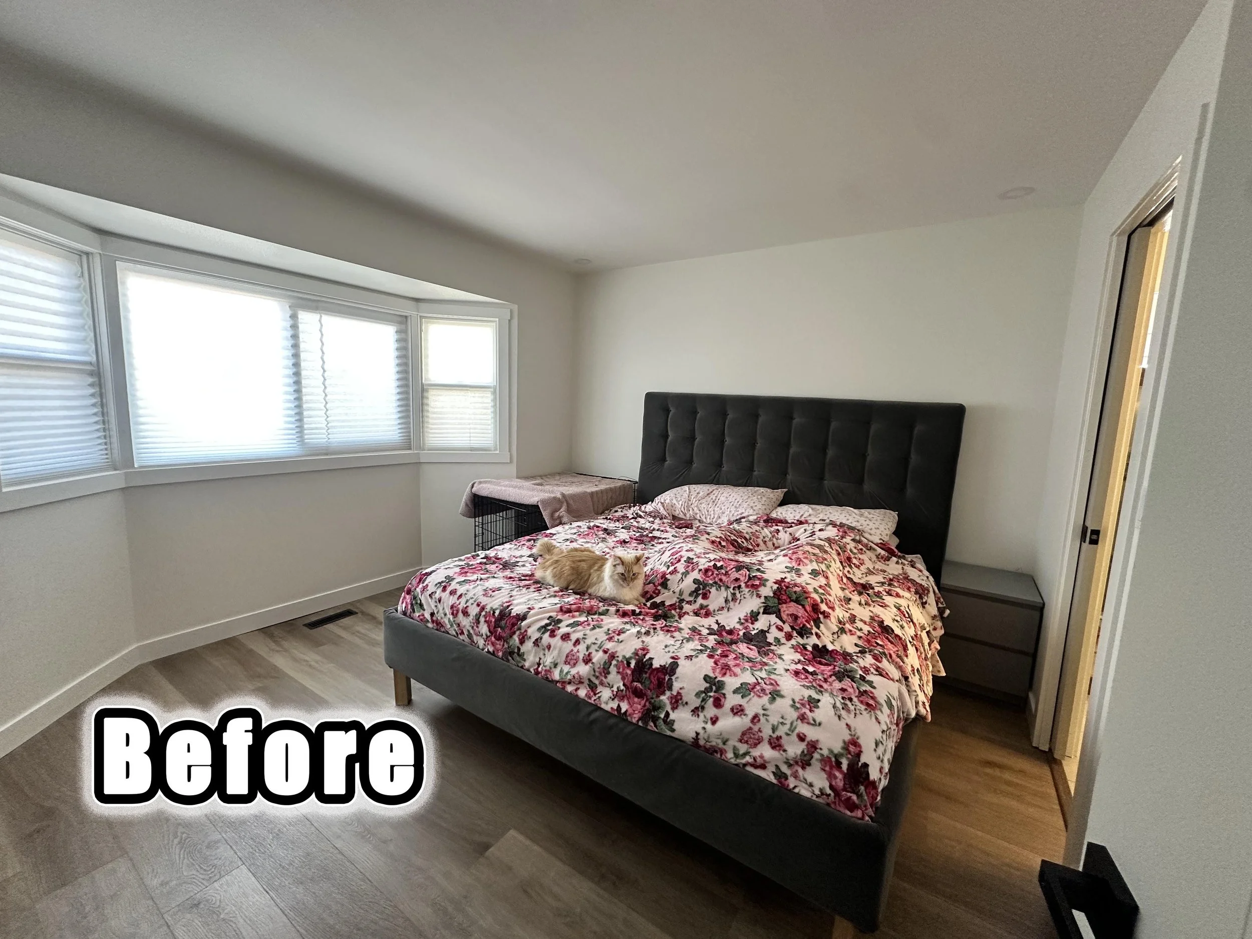 a before picture is shown before a bedroom undergoes a "pink bedroom for adults" transformation
