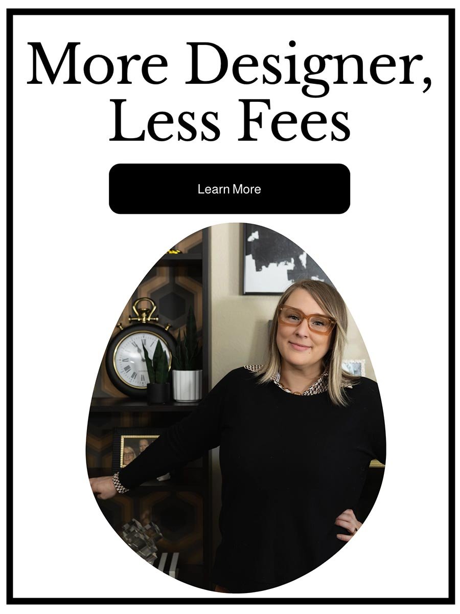 "More Designe, Less Fees" is shown with a Las Vegas designer standing in a living room design she completed