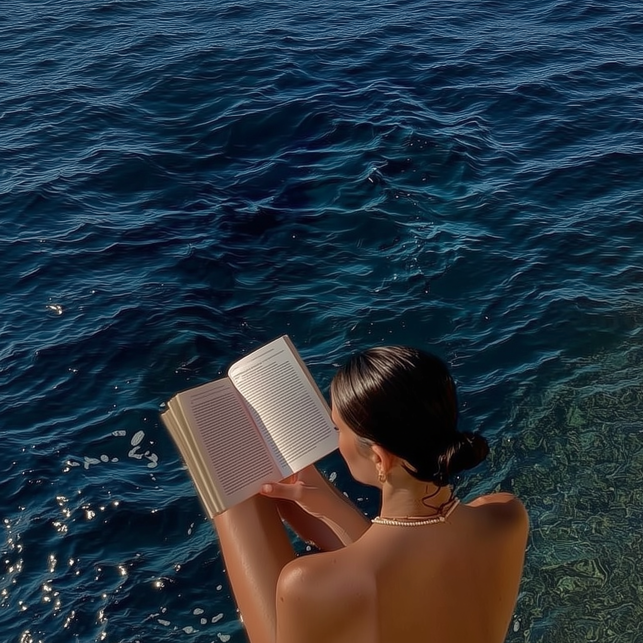 A woman with dark hair tied back, wearing jewelry, reading a book while sitting in clear water near a shoreline.