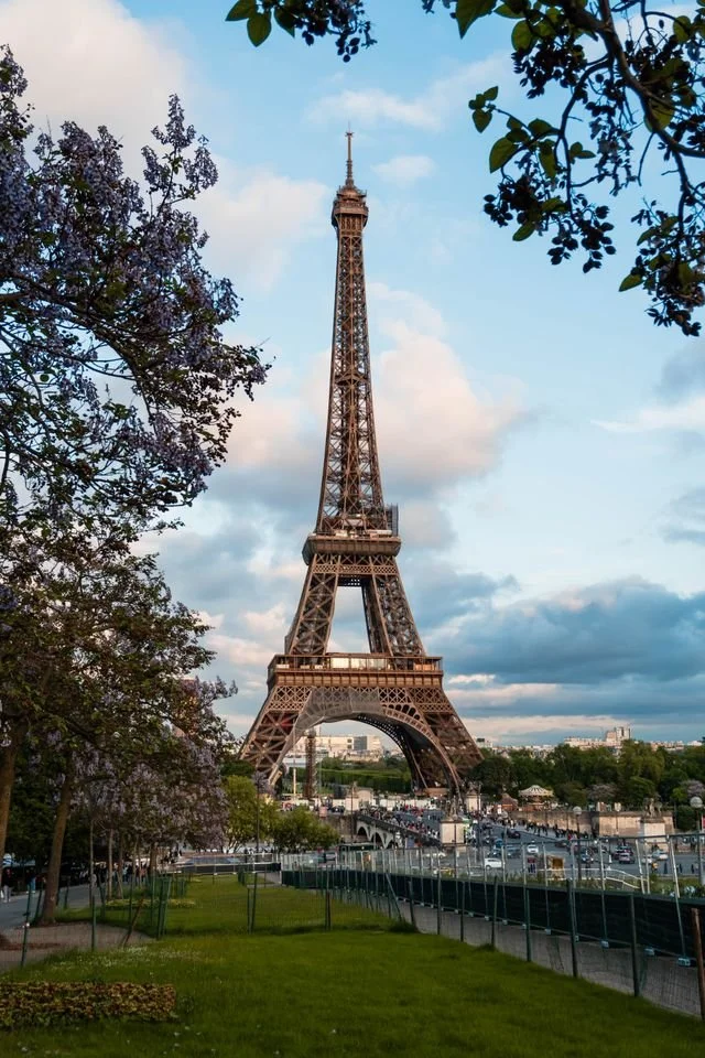 View of the Eiffel Tower in Paris, France, in a park with trees.