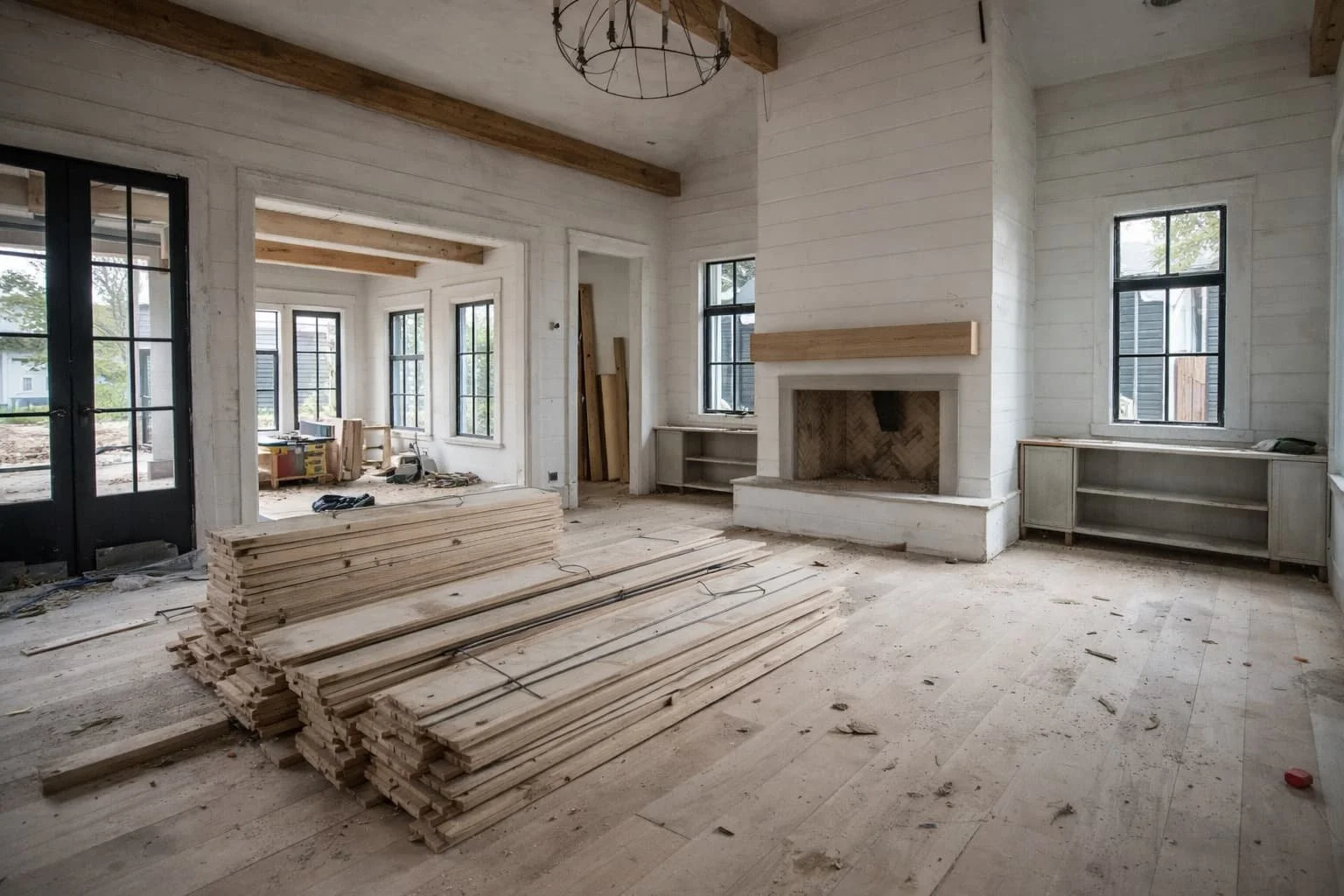 Residential renovation project in progress with structural interior works