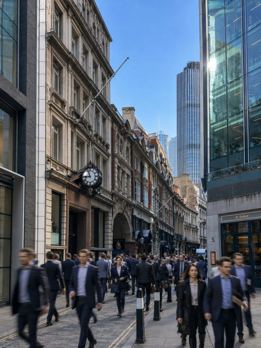 Throgmorton Street in the City of London with people in business attire walking past the Pavilion Finance offices at Warnford Couty and modern buildings under a clear blue sky.