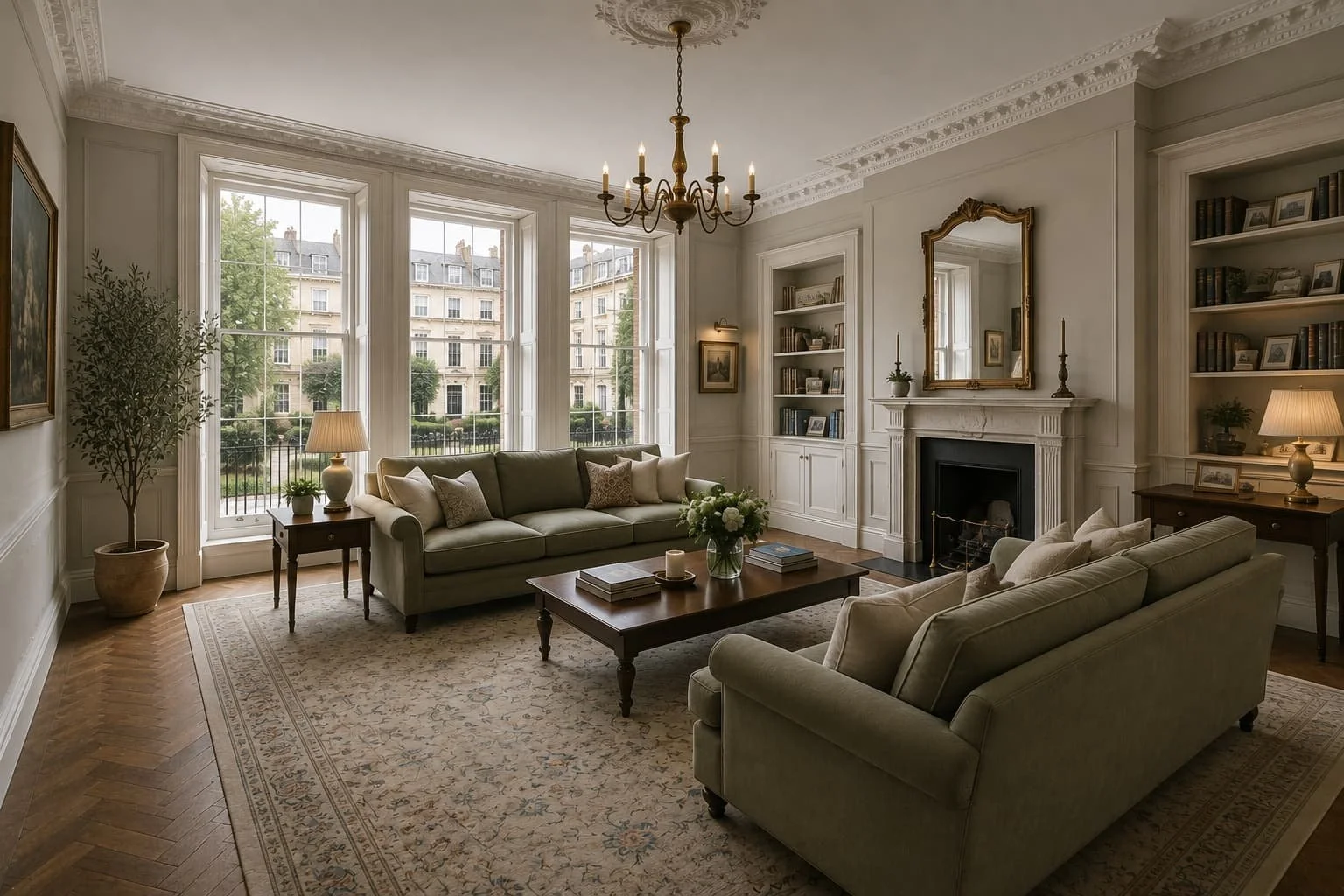 Spacious period living room with green sofas, a fireplace and tall windows.