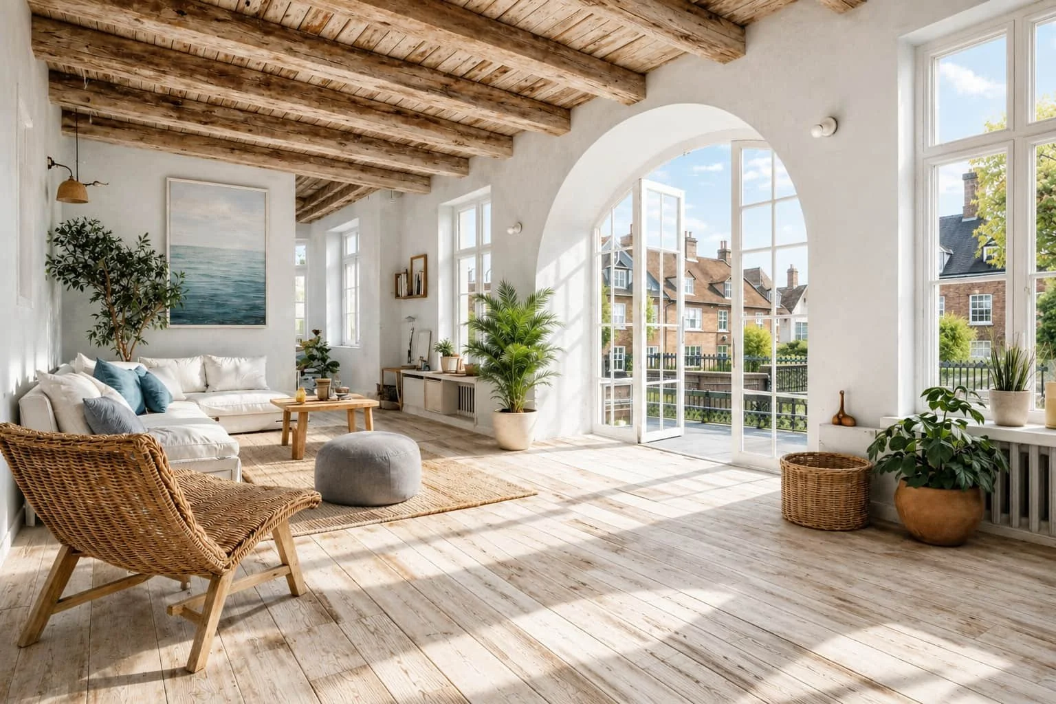 Bright living room with exposed timber beams and tall arched windows.