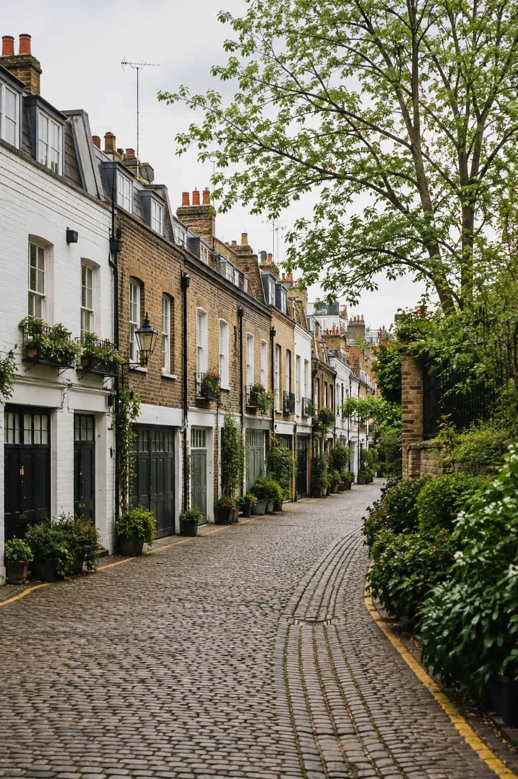 A row of brick town houses in a Victorian mews, with a cobbled street in London.