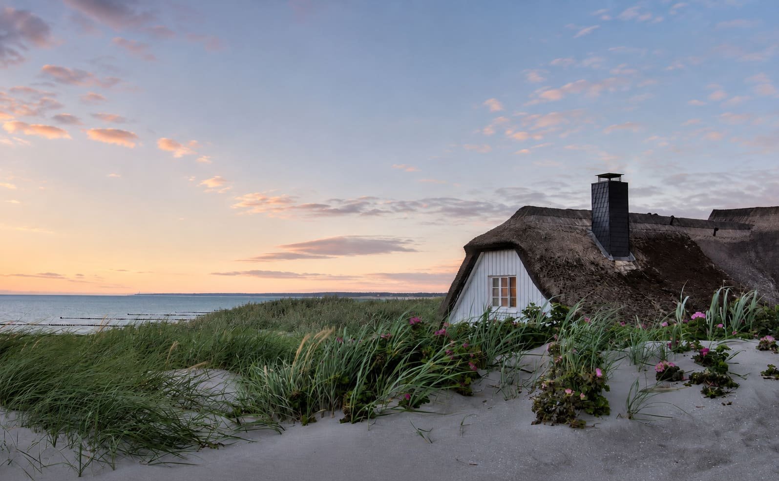 A detached, thatched holiday let cottage on a dune, overlooking the seaside.