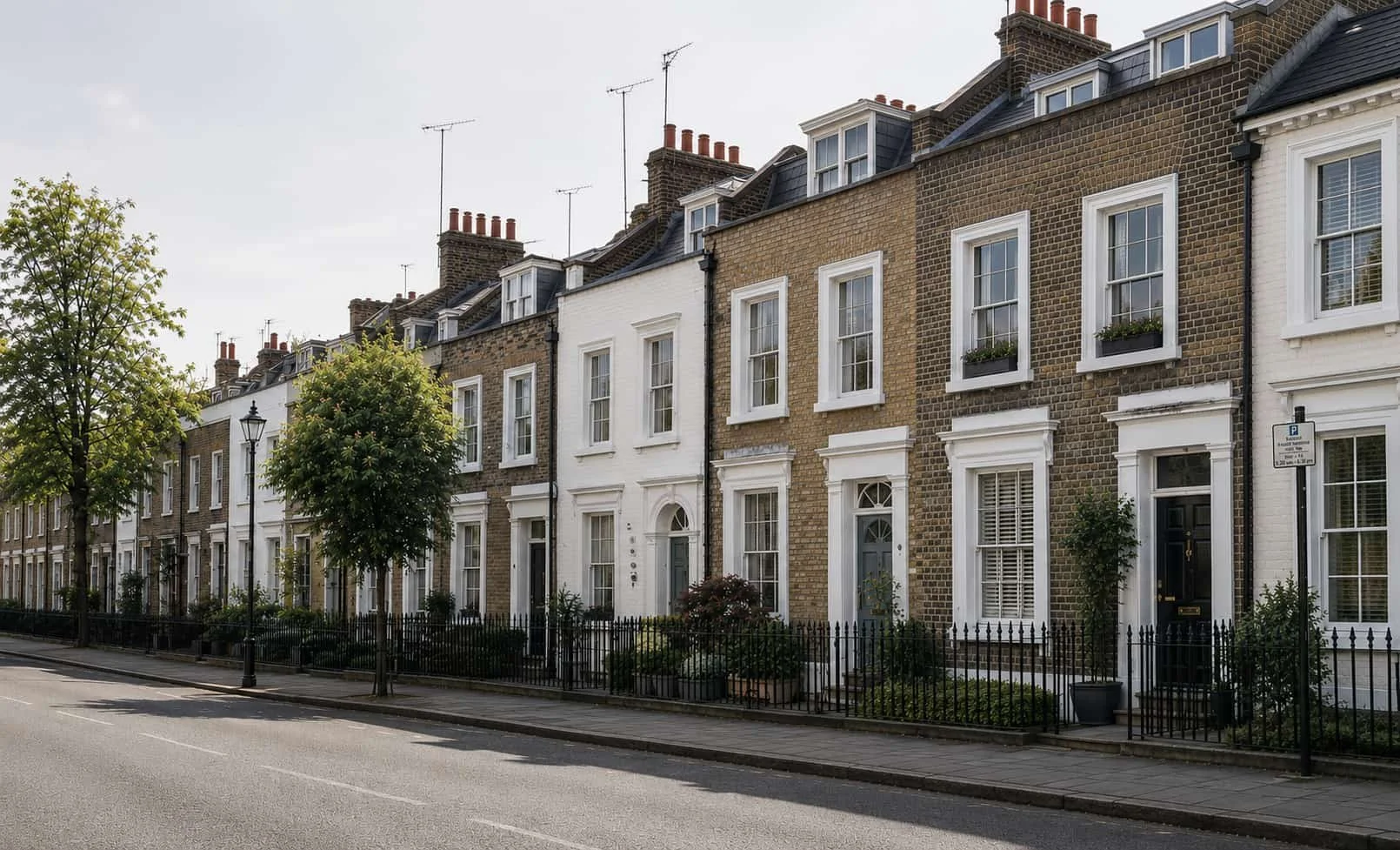 Row of Victorian brick terraced houses with white sash windows in London street.